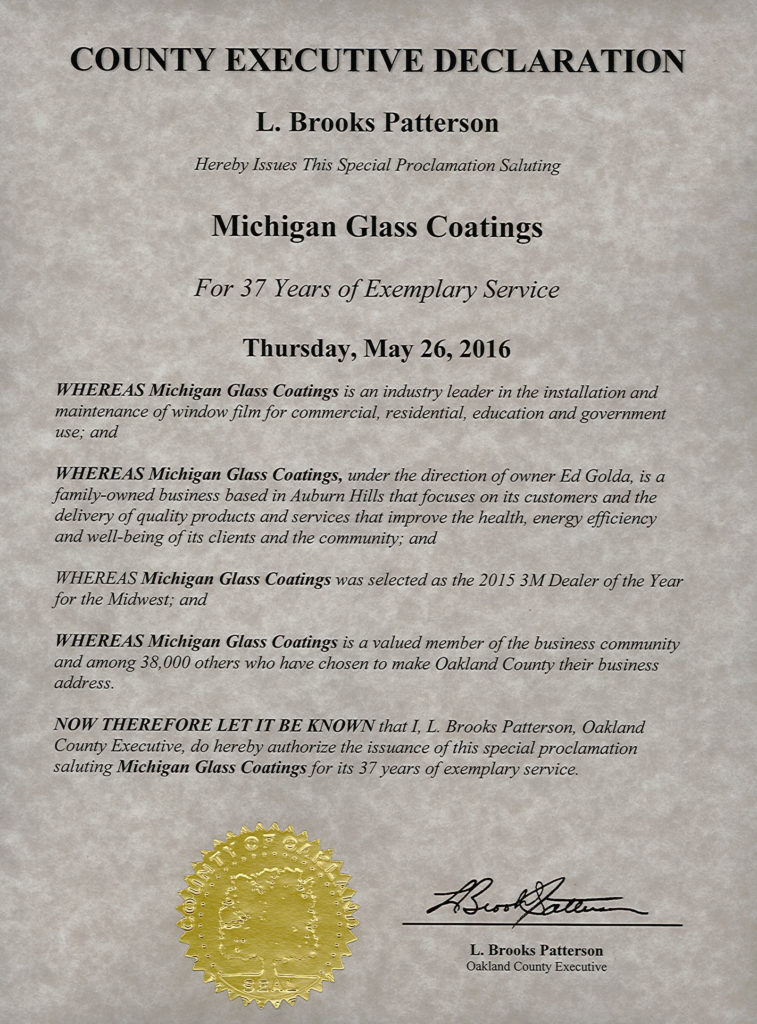 Oakland County, Michigan Special Proclamation for Michigan Glass Coatings 2