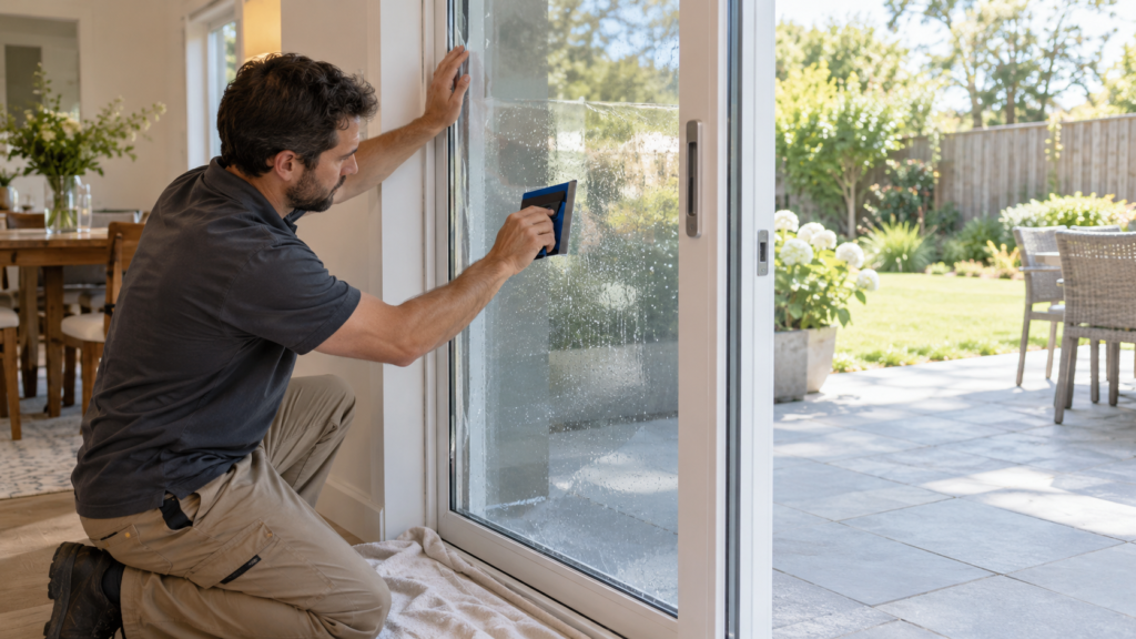 Installer applying window film to a sliding glass door