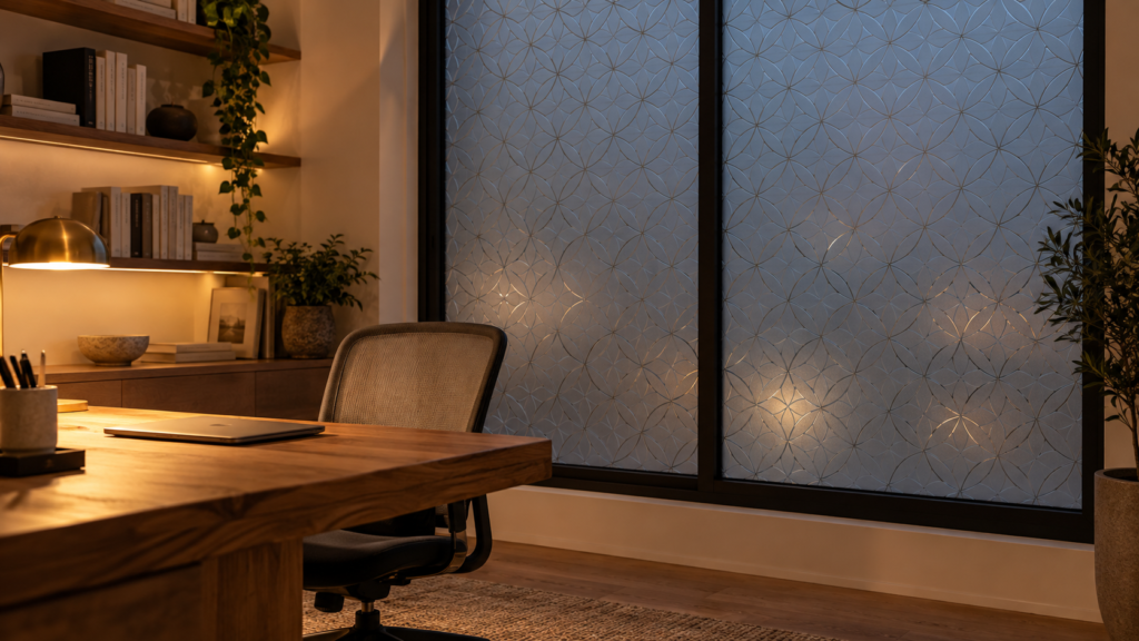 Home office in the evening with frosted privacy window film