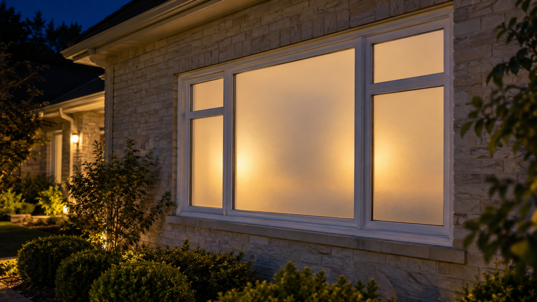 Frosted window film for nighttime privacy on a softly illuminated ground-floor bedroom window.