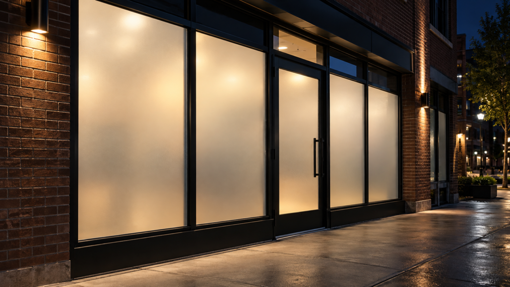 Lit commercial storefront with frosted window film after dark