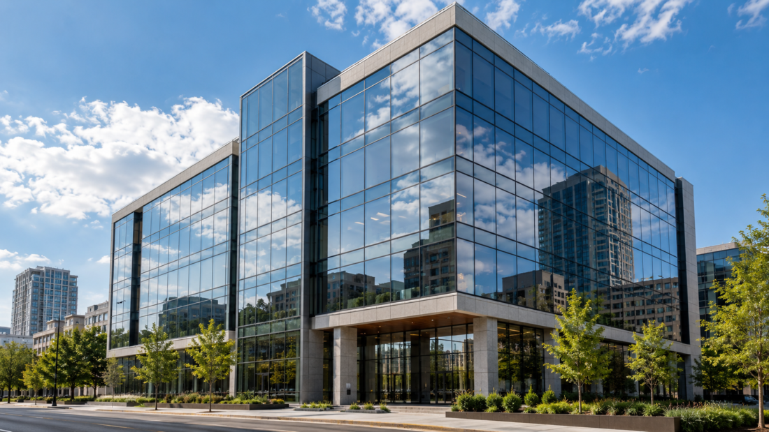 Reflective window film on an office building facade reflecting clouds and nearby buildings.