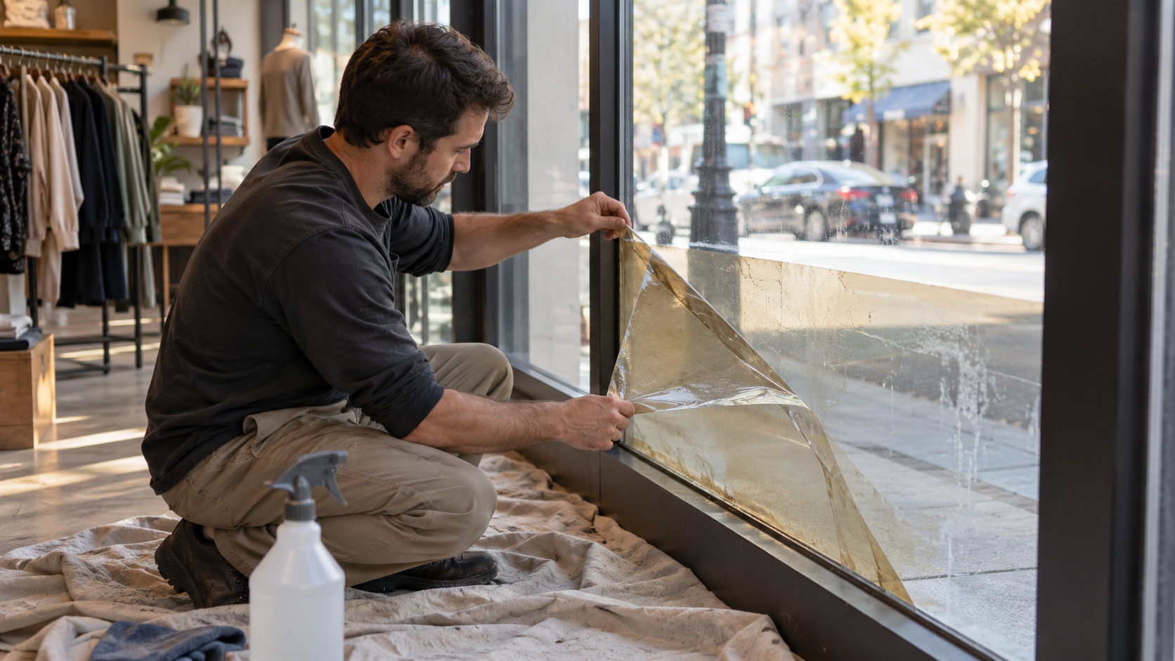 Peeling Old Film from Storefront Glass
