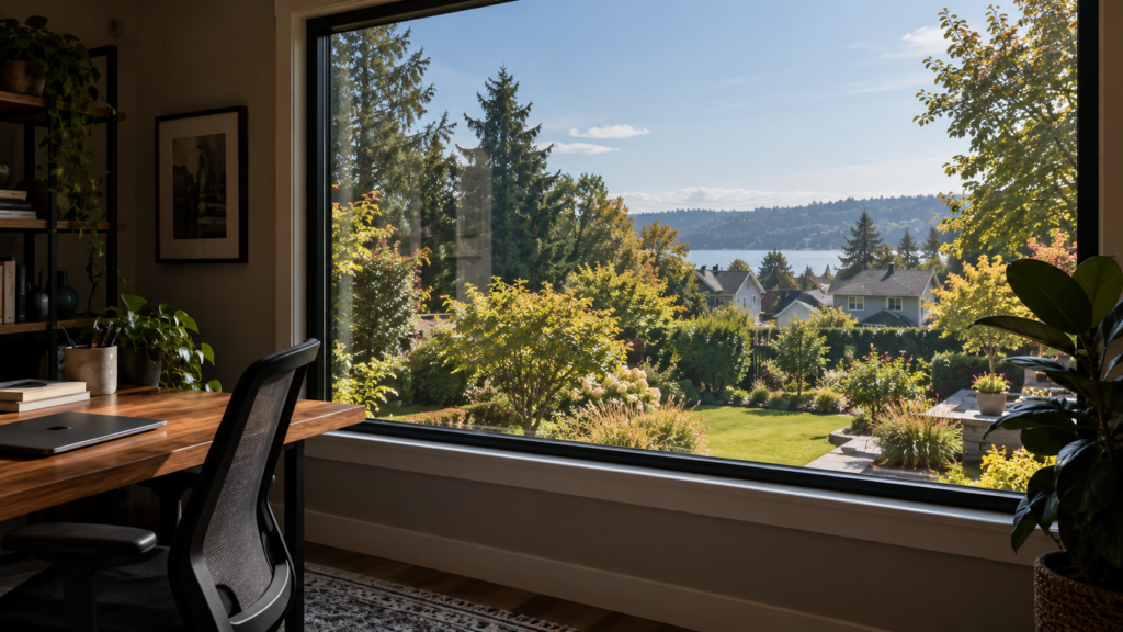 Clear daytime view of a sunlit garden through reflective one-way window film