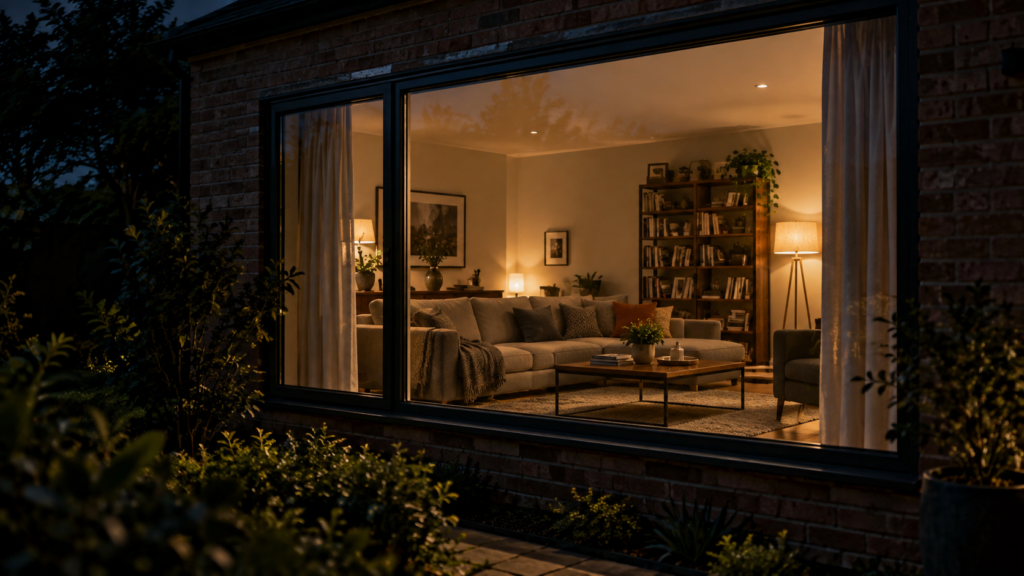 Lit room visible from outside at night through reflective window film