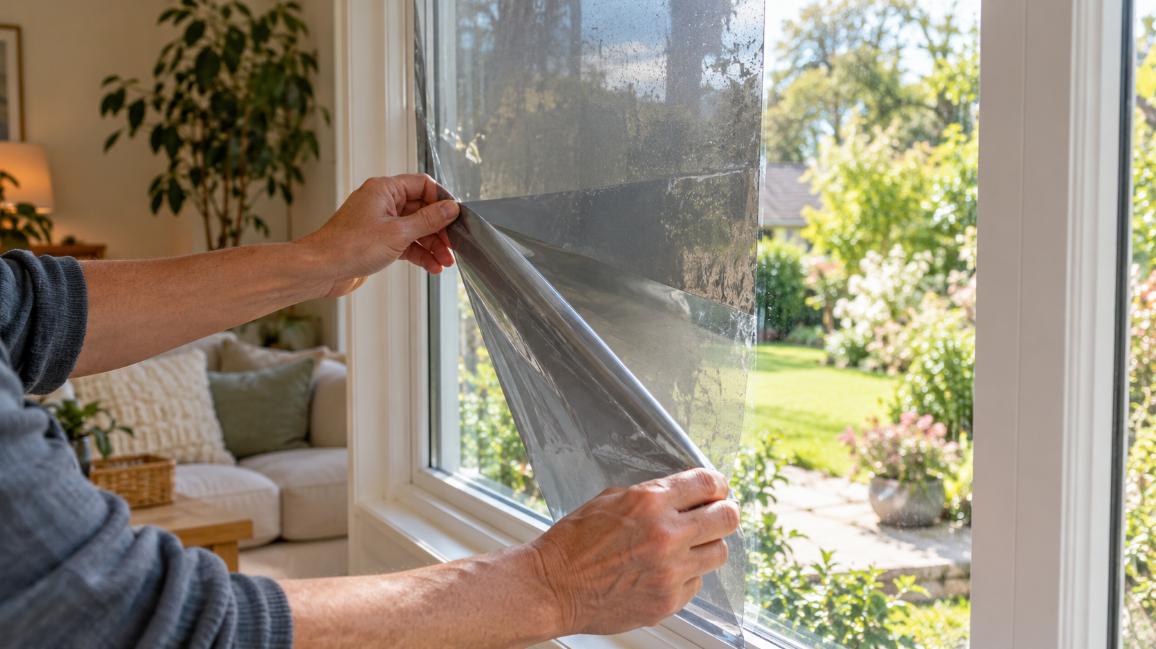 Faded, sun-worn window film being peeled from a window in direct sunlight