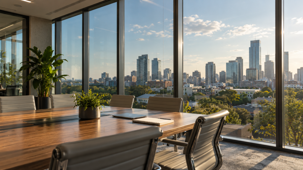 Sunlit commercial office with reflective window film on large glass panels