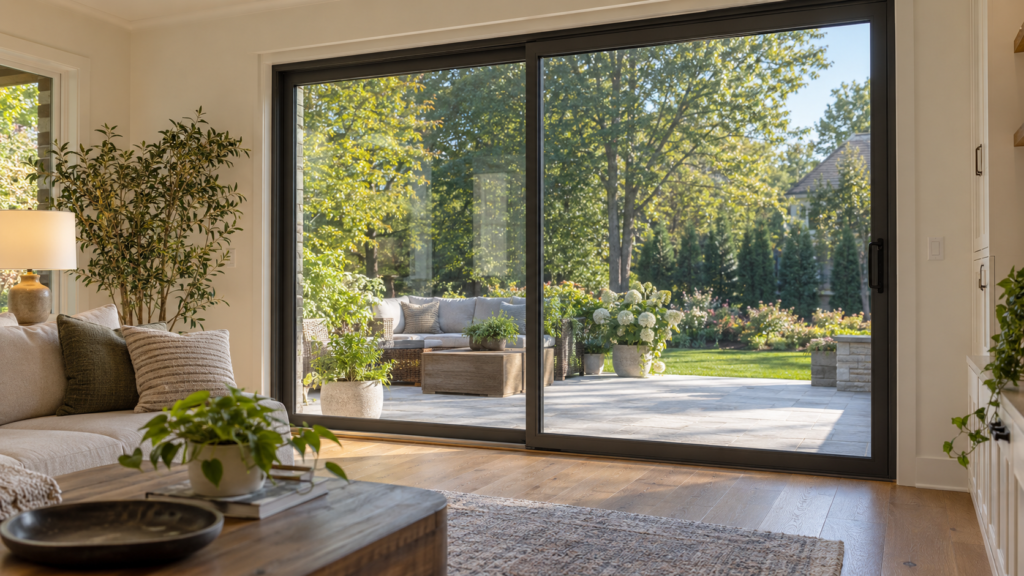 Sunlit sliding glass door with subtle solar control window film